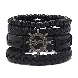 Черный 4 шт. 4 стили браслеты из деревянных бусин и шнуры из искусственной кожи для мужчин, руль, чёрные, 2-1/8~2-3/4 дюйм (5.5~7 см)