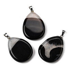 Натуральный Агат Подвески из натурального агата (окрашенного и нагретого), Подвески в форме капли с 304 защелкивающимися креплениями из нержавеющей стали, цвет нержавеющей стали, чёрные, 43.5~45x29.5~30.5x6~7.5 мм, отверстие : 7.5x4.5 мм
