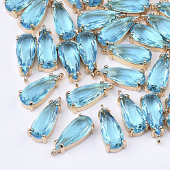 Аква Прозрачные стеклянные подвески, с латунной фурнитурой , граненые, слеза, золотой свет, вода, 18.5x8.5x6 мм, отверстие : 1 мм