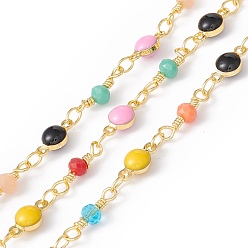 Colorful Handmade Eco-friendly Brass Enamel Flat Round Link Chain, with Glass Beaded, Real 18K Gold Plated, Lead Free & Cadmium Free, Soldered, with Spool, Colorful, 9x4.5x3mm, 12.5x3.5mm
