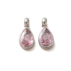 Pink 304 подвески из нержавеющей стали с кубическим цирконием, слезинки, одиночные каменные прелести, цвет нержавеющей стали, розовые, 8x3.5x2 мм, отверстие : 1.4 мм