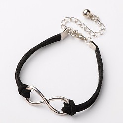 Black Tibetan Style Alloy Infinity Link Bracelets, Faux Suede Cord with Alloy Lobster Claw Clasps and Iron Chains, Platinum and Antique Silver, Black, 185x6mm
