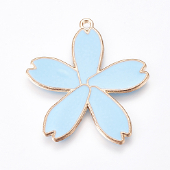 Light Sky Blue Alloy Enamel Pendants, Sakura, Golden, Light Sky Blue, 34x31.5x1.5mm, Hole: 1.7mm