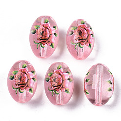 Pink Печатные и окрашенные прозрачные стеклянные шарики, овальные с цветочным узором, розовые, 15x10 мм, отверстие : 1.6 мм