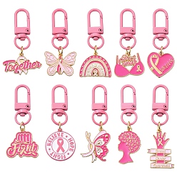 Rose Foncé 10 pièces 10 styles Pendentif fleur en alliage émaillé, ruban de sensibilisation au cancer du sein, avec fermoir pivotant, rose foncé, 52~66mm