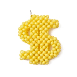 Желтый Подвески в форме доллара из стеклянного бисера, с 304 кольцом из нержавеющей стали, желтые, 29x25.5x5 мм, отверстие : 3.5 мм