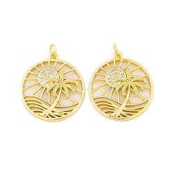 Настоящее золото 18K Стойка металлическая латунная микропрофилированная кубическая циркония подвески, без кадмия и без свинца, долговечный, плоский круглый с солнцем и кокосовой пальмой, с целью перехода в кольце, реальный 18 k позолоченный, 23x21x3 мм, отверстие : 3 мм