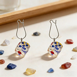 Clear Iron & Acrylic Dangle Earrings for Women, Dice, Silver, Clear, 40mm