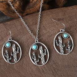 Античное Серебро Комплекты сережек-подвесок и колье с кулонами из сплава и синтетической бирюзы, овальный с кактусом, античное серебро, ожерелья: 18.11 дюйм (46 см)