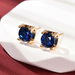 Морской Синий Квадратные серьги-гвоздики из латуни с микропаве из кубического циркония, без кадмия и без свинца, стойки покрытие, долговечный, золотые, Marine Blue, 8.5x7 мм
