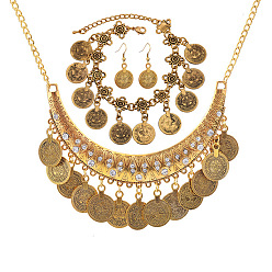Античное Золото Комплекты ювелирных изделий из сплава и страз из монет, включают браслеты, серьги-подвески и ожерелья, античное золото , 400 мм