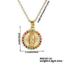 Плоский Круглый Элегантные старинные латунные блестящие цветные кубические цирконии полые подвески Девы Марии ожерелья для женщин, плоско-круглые, 15.75 дюйм (40 см)