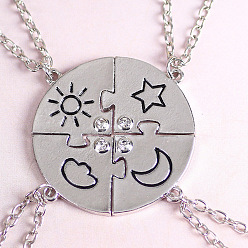 Платина Подвеска-головоломка из цинкового сплава с кристаллами и стразами в виде солнца, луны и звезд, подходящая по размеру к ожерелью для женщин, платина, 17.72 дюйм (45 см), 4 шт / комплект