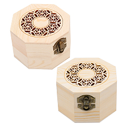 BurlyWood 2Pcs Octagon Shape Unfinished Hollow Wood Storage Box, with Hinged Lid, Floral Pattern, BurlyWood, 10.35x9.55x6cm, 2pcs