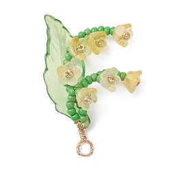 Шампанско-Желтый Стеклянные подвески с медной проволокой, цветочный шарм, с акриловыми листьями и бисером., шампанское желтый, 35.5x22x10 мм, отверстие : 2.5 мм