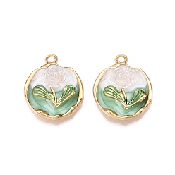 Средний Аквамарин Стойки обшивки сплава эмали подвески, с акриловой, без кадмия, без никеля и без свинца, золотой свет, плоская круглая с подвеской в виде цветка, средний аквамарин, 23.5x19.5x5 мм, отверстие : 2 мм