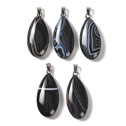 Banded Agate Dyed & Heated Natural Black Banded Agate Pendants, with 304 Stainless Steel Snap on Bails, Teardrop Charm, 44x20x9mm, Hole: 7x4mm