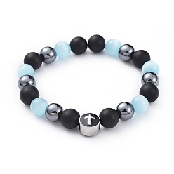Sky Blue Men's Stretch Bracelets, with Cat Eye, Natural Agate, Non-Magnetic Synthetic Hematite and 304 Stainless Steel Enamel Beads, with Burlap Bags, Sky Blue, 2-3/8 inch(6cm)