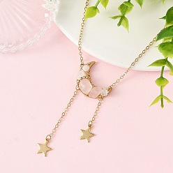 Rose Quartz Natural Rose Quartz Chip Beads Moon Pendant Brass Cable Chain Necklaces for Women, Golden, 17.32 inch(44cm)