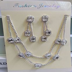 Кристалл Прямоугольное латунное ожерелье из двухслойной цепочки со стразами и серьги-гвоздики, платина, кристалл, 300 мм