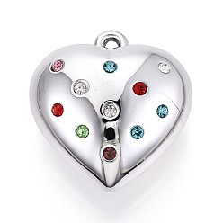 Серебро Акриловые подвески со стразами, сердце прелести, серебряные, 46.5x44.5x25 мм, отверстие : 3.5 мм