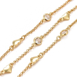 Настоящее золото 18K Латунные цепи Роло, с плоскими круглыми звеньями в форме сердца и кубического циркония, несварные, с катушкой, без кадмия, без никеля и без свинца, реальный 18 k позолоченный, Коннекторы : 9x4.5x2.5 мм, 9x4x2 мм