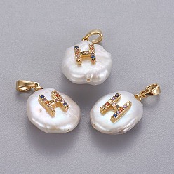 Letter H Подвески из натурального пресноводного жемчуга, с латунными микро проложить кубических выводы циркония, самородки с буквой, долговечный, золотые, красочный, letter.h, 17~27x12~16x6~12 мм, отверстие : 4x2.5 мм