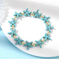 Золотой Браслеты из синтетической бирюзы и немагнитных гематитовых бусин, эластичные, для женщин и мужчин., морская звезда, бирюзовые, золотые, внутренний диаметр: 2.01 дюйм (5.1 см)