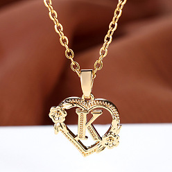 Letter K Цепочка из латуни с подвеской в виде сердца в форме розы и буквы, золотые, Письмо K, 17.72 дюйм (45 см)