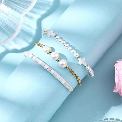 Настоящее золото 18K 3 шт. 3 стили: браслеты из ракушечного жемчуга, цепочка роло из латуни, плетеные браслеты из натурального культивированного пресноводного жемчуга для женщин, крестик, реальный 18 k позолоченный, внутренний диаметр: 2-1/4 дюйм (5.75 см)