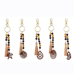 Mixed Shapes Брелок с кисточками из лавы, тигрового глаза, смолы и дерева, черепаха/плоский круг/каплевидный/овальный/бабочка, разнообразные, 17.2 см