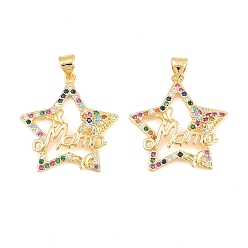 Real 18K Gold Plated Brass Micro Pave Cubic Zirconia Pendants, Cadmium Free & Lead Free, Rack Plating, Long-Lasting Plated, Star with Word Mama Charms, Mother's Day, Real 18K Gold Plated, 26.5x25x3mm, Hole: 3x5mm