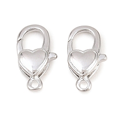 Real Platinum Plated Brass Lobster Claw Clasps, Heart, Real Platinum Plated, 13x7.5x3.5mm, Hole: 1.2mm