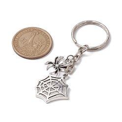 Antique Silver & Platinum Halloween Alloy Keychains, with Iron Split Key Rings, Spider & Web, Antique Silver & Platinum, 7.3cm