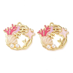 Shell Shape Стойки обшивки сплава эмали подвески, с ABS имитации жемчуга, золотые, плоский круглый шарм, формы раковины, 27x29.5x5 мм, отверстие : 2 мм