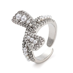 Platinum Rack Plating Brass Micro Pave Cubic Zirconia Bowknot Open Cuff Rings for Women, with Plastic Imitation Pearl, Long-Lasting Plated, Cadmium Free & Lead Free, Platinum, 19.5mm, Adjustable