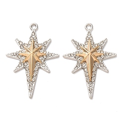 Platinum & Light Gold Alloy Rhinestone Pendants, Star Charms, Platinum & Light Gold, 37x25x4mm, Hole: 1.6mm