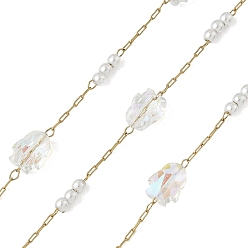 Прозрачный 304 кабельные цепи из нержавеющей стали, пингвин, со стеклом и АБС-пластиком, имитация жемчуга, ионное покрытие (ip), реальный 18 k позолоченный, пайки, с катушкой, прозрачные, 8x6x4.5 мм, около 32.81 футов (10 м) / рулон