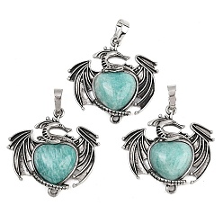 Античное Серебро Природные подвески амазонит, латунные драгоценные камни, подвески в виде сердца и дракона, стойки покрытие, долговечный, античное серебро, 33x34x8 мм, отверстие : 8x4.5 мм