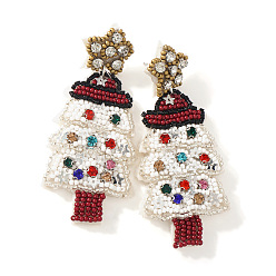 Белый Серьги-гвоздики ручной работы из стеклянных бусин в виде рождественской елки со звездой., с фурнитурой из нержавеющей стали и стразами., белые, 85x53 мм