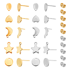 Mixed Color 40Pcs Heart & Teardrop & Moon & Geometric 304 Stainless Steel Stud Earring Findings, with Ear Nuts, Mixed Color, 56pcs/box