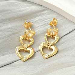 Настоящее золото 18K Латунные серьги-гвоздики с подвесками в форме сердца, стойки покрытие, долговечный, без кадмия и без свинца, реальный 18 k позолоченный, 30x15.5 мм