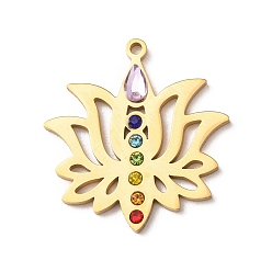 Golden Chakra 304 Stainless Steel Rhinestone Pendants, Lotus Charms, Golden, 26.5x25x3mm, Hole: 1.5mm