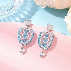 Темно-Голубой 304 серьги-гвоздики из нержавеющей стали с ограненными биконусными стеклянными бусинами, с тибетским типом сплава сердца, старинное серебро и серебро, глубокое синее небо, 43x16.5~19 мм