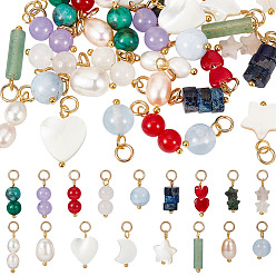 Mixed Stone 34Pcs 17 Styles Natural Shell & Natural Pearl & Gemstone Pendants, with Brass Findings, Mixed Shapes, 16.2~23mm, 2pcs/style