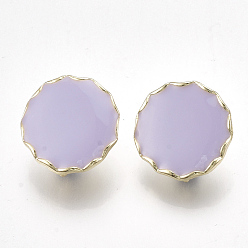 Plum Alloy Stud Earring Findings, with Steel Pins and Enamel, with Loop, Flat Round, Light Gold, Plum, 19x19mm, Hole: 4mm, Pin: 0.7mm