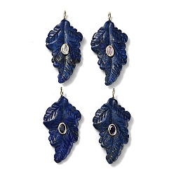 Ляпис-Лазурь Резные подвески из натурального лазурита, Подвески в виде листьев с фурнитурой из микропаве из латуни золотистого оттенка и кубическими циркониями случайного цвета., 49x24~24.5x6~8.5 мм, отверстие : 4x2.5 мм