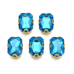 Deep Sky Blue Sew on Rhinestone, Transparent Glass Rhinestones, with Iron Prong Settings, Faceted, Rectangle, Deep Sky Blue, 14.5x11.5x6mm, Hole: 1mm