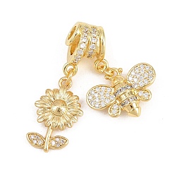 Настоящее золото 18K Подвески из латуни с прозрачными кубическими циркониями, инкрустированные пружинным позолотой., Подвески в виде пчелок и цветов, стойки покрытие, долговечный, без свинца и без кадмия, реальный 18 k позолоченный, 31 мм, отверстия : 3 mm и 4 мм