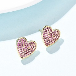 Фуксиновый Сердце из латуни микро проложить кубического циркония серьги стержня, долговечный, стойки покрытие, без свинца и без кадмия, реальный 18 k позолоченный, красно-фиолетовые, 11.5x13 мм